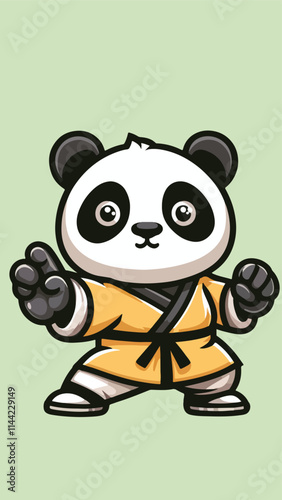 Panda mascot wearing shaolin clothes with a pose ready to fight