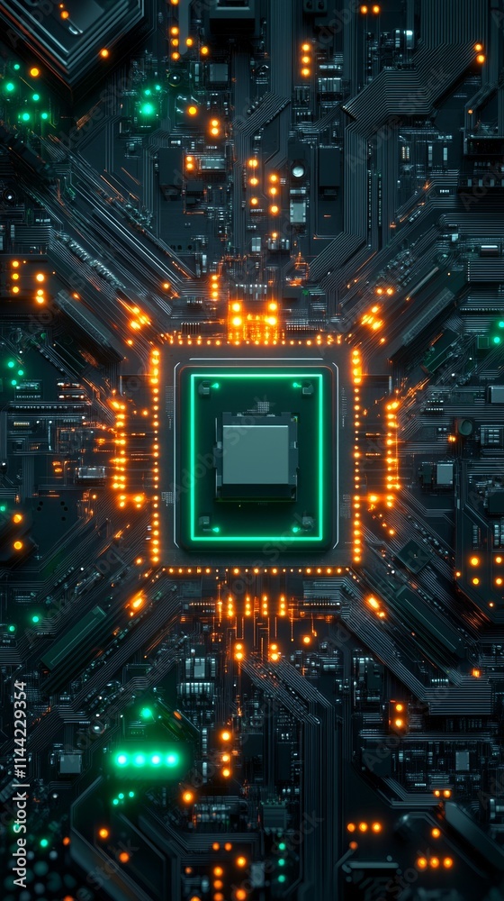 Fototapeta premium A close-up view of a high-tech circuit board with glowing electronic components and intricate pathways.