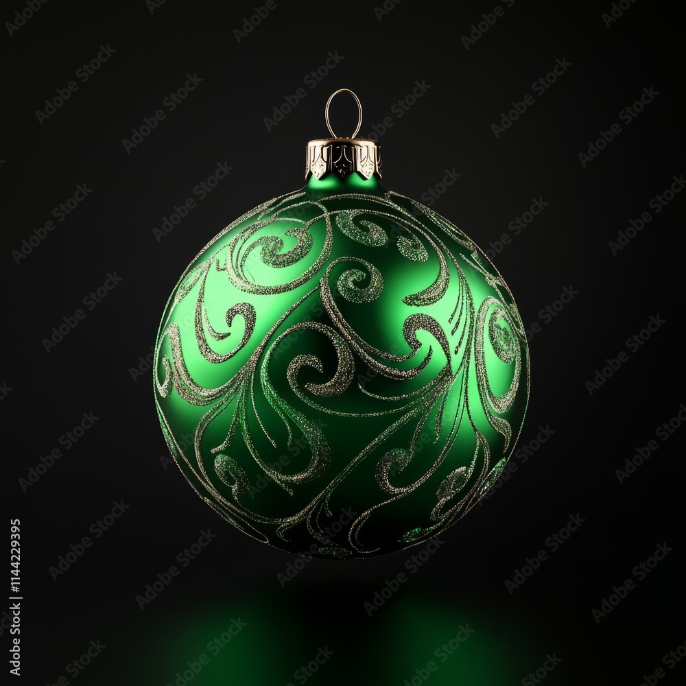 A smooth green Christmas ball with pattern, glossy finish, placed against a pure black background A smooth green Christmas ball with pattern, glossy finish, placed against a pure black background
