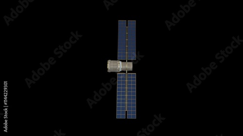 Animation of communication satellite with solar panels flying through the space isolated with alpha channel