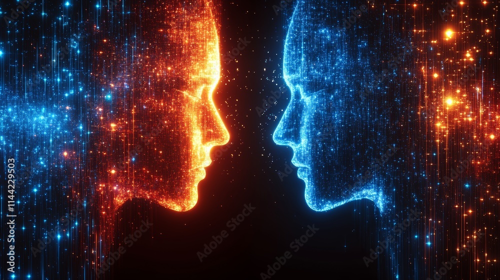Abstract digital art depicting a vibrant interaction between two illuminated faces representing emotion and connection. Abstract digital art depicting a vibrant interaction between two illuminated faces representing emotion and connection.