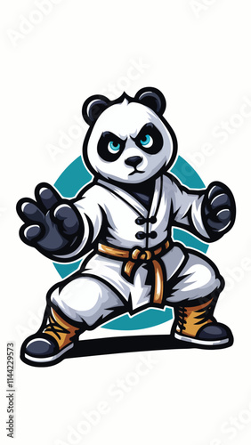 Panda mascot wearing shaolin clothes with a pose ready to fight