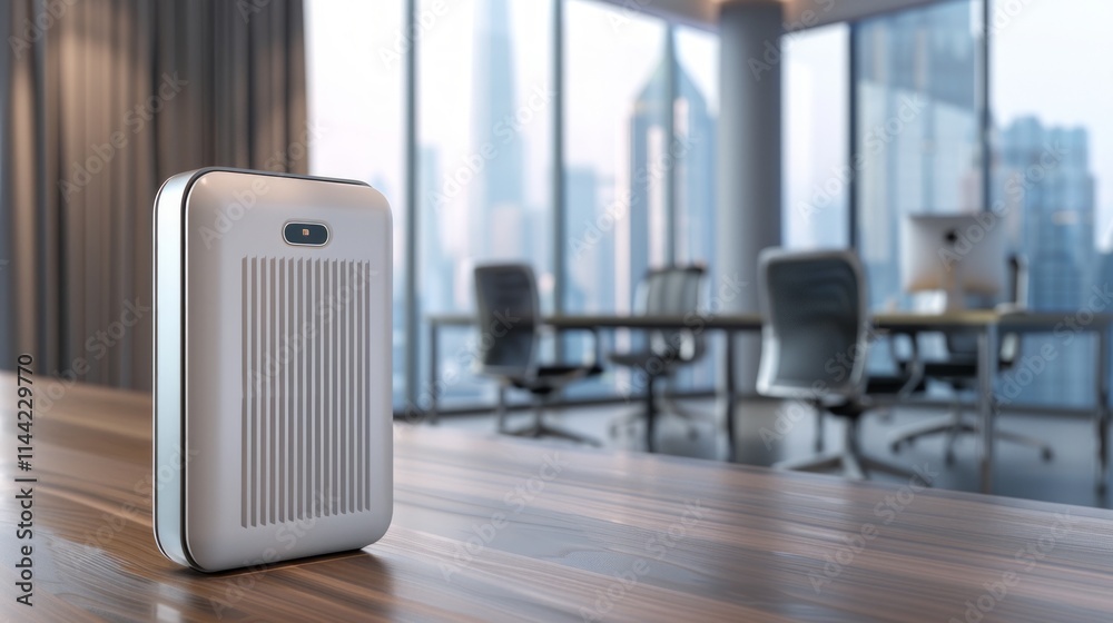 Naklejka premium Air purification and oxygen generation: An integrated air purifier and oxygen generator system on a wooden office desk