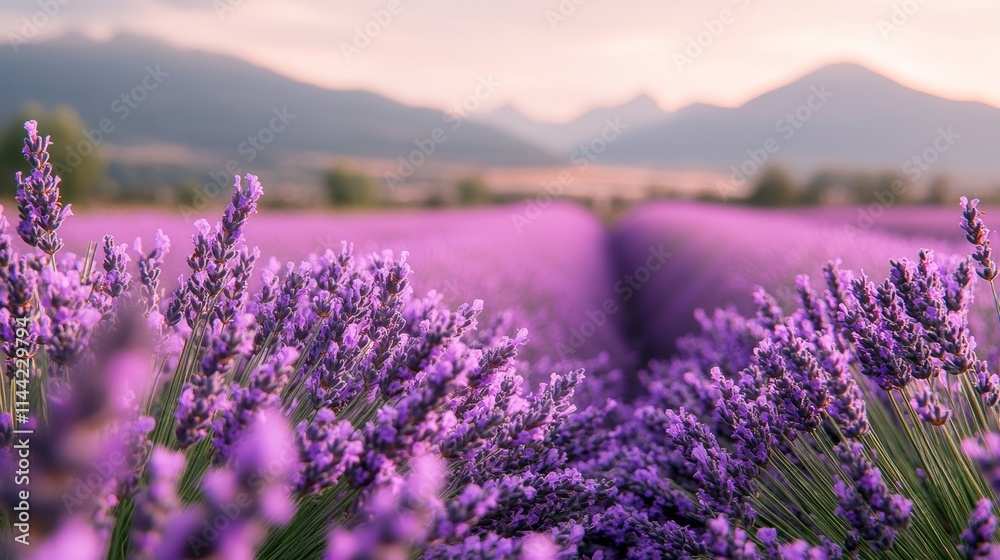 Obraz premium A serene lavender field at sunset, with vibrant purple flowers stretching towards distant mountains under a colorful sky.