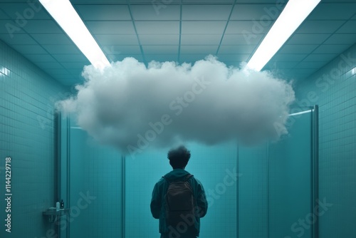 Young person stands in a surreal hallway with a floating cloud above them in a turquoise room photo