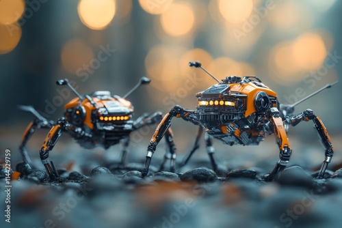 Robotic insects explore an urban setting illuminated by soft bokeh lighting in the evening twilight photo