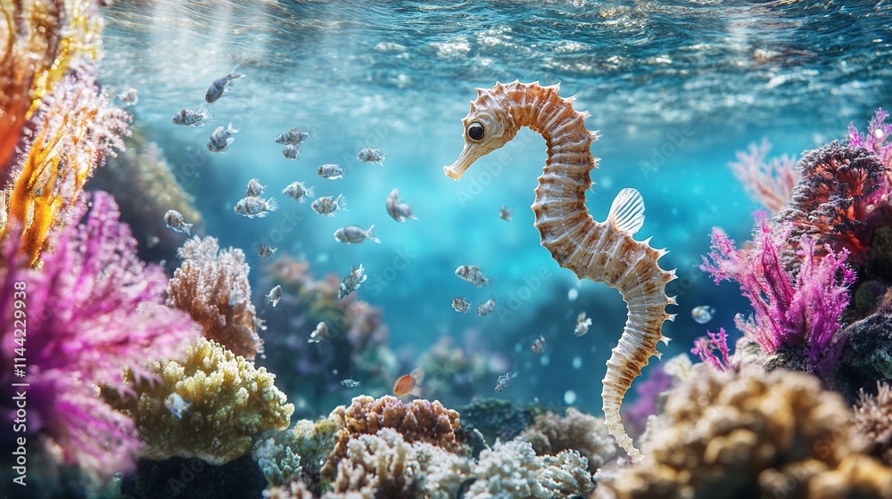 Fototapeta premium Seahorse swimming near colorful coral reef.