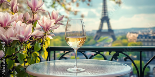 Glass of white wine on a table of outdoor cafe with beautiful Parisian setting with pink magnolia in full bloom