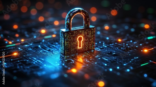 Digital lock on a circuit board representing cybersecurity and data protection innovation.