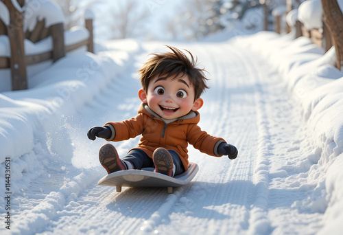 Happy Cartoon Boy Sledding in Snowy Landscape