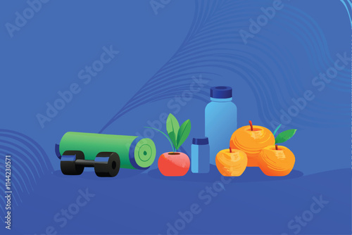 Create a detailed vector background illustrating health and wellness concepts.  Incorporate vibrant colors and intricate design elements.