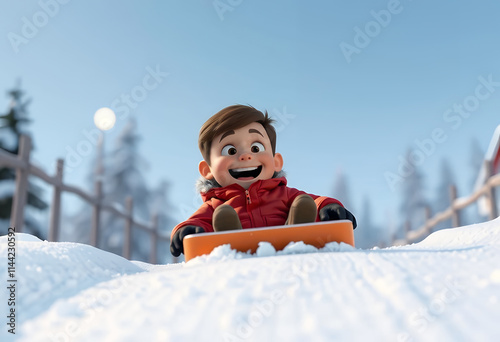 Cartoon Boy Sliding Down Snowy Hill on a Sunny Day