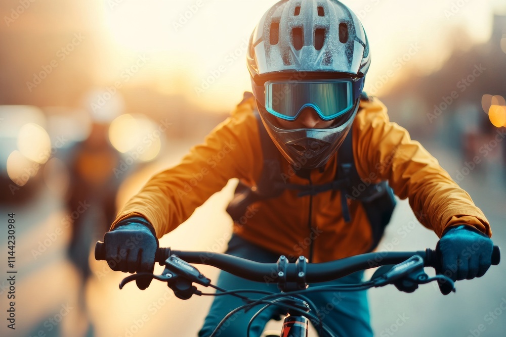 Cyclist in motion on a city street during sunset, showcasing determination and speed Cyclist in motion on a city street during sunset, showcasing determination and speed