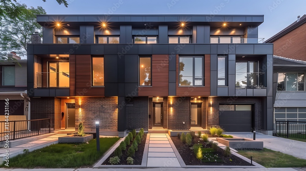 Sleek urban townhouse design with a mix of concrete and vertical wood panels, complemented by recessed lighting and minimalist landscaping. exterior architecture design concept Sleek urban townhouse design with a mix of concrete and vertical wood panels, complemented by recessed lighting and minimalist landscaping. exterior architecture design concept
