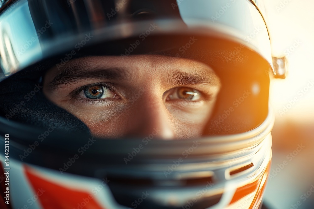 Close-up of a focused race car driver in a helmet during golden hour at the racetrack Close-up of a focused race car driver in a helmet during golden hour at the racetrack