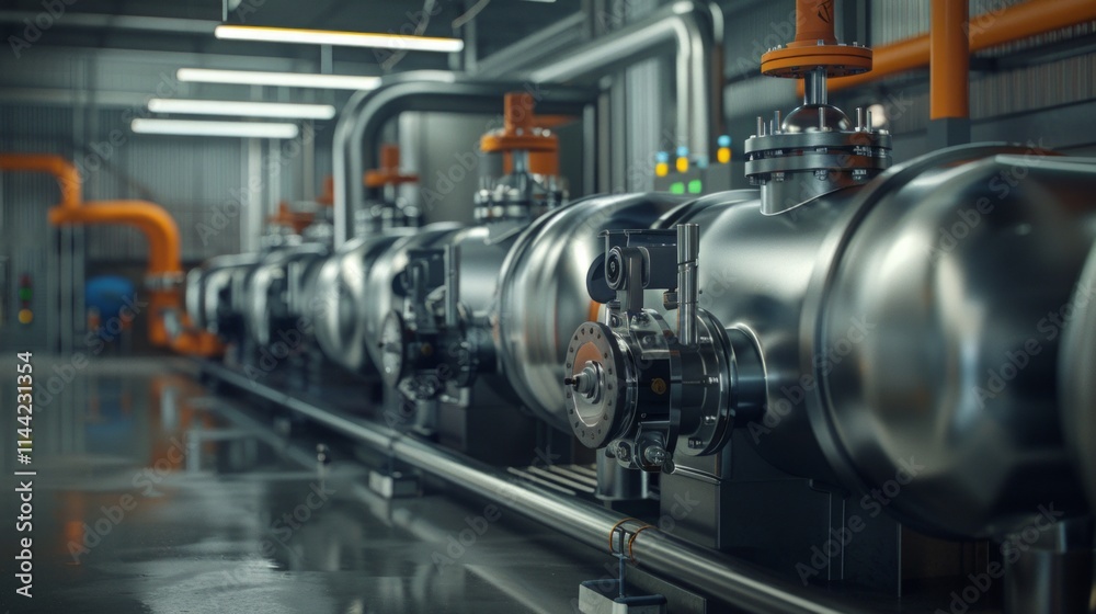 Industrial pipeline oxygen system: Complex pipelines originating from an industrial oxygen generator in a large factory hall Industrial pipeline oxygen system: Complex pipelines originating from an industrial oxygen generator in a large factory hall