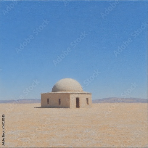 Solitary dome structure in vast desert landscape under clear blue sky. photo