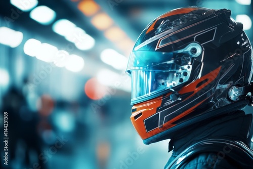 Racer preparing for a competition in a brightly lit pit area with vibrant helmet design and focused expression photo