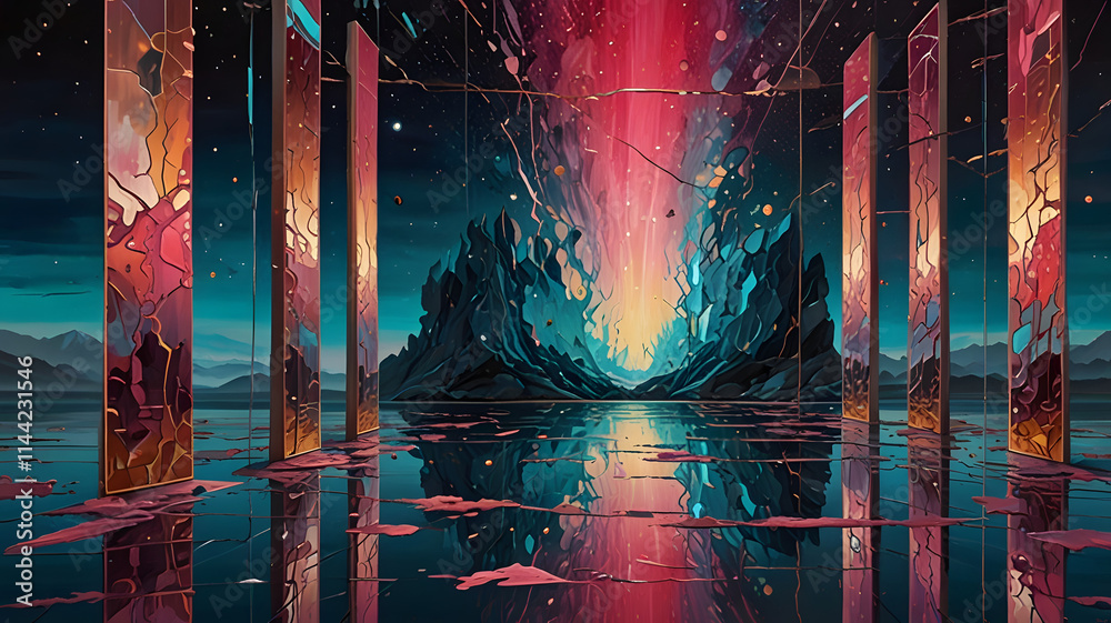 Naklejka premium Conceptual illustrative painting of thoughts visualized as an endless horizon of fragmented glass mirrors, each reflecting a different dreamlike scene, some cracked