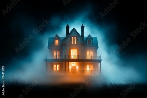Escena dramática de una casa iluminada en medio de la niebla nocturna