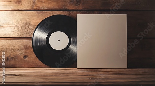 Vinyl disc and blank box cover mockup on a wooden table, perfect for showcasing custom music album designs with a minimalist aesthetic.