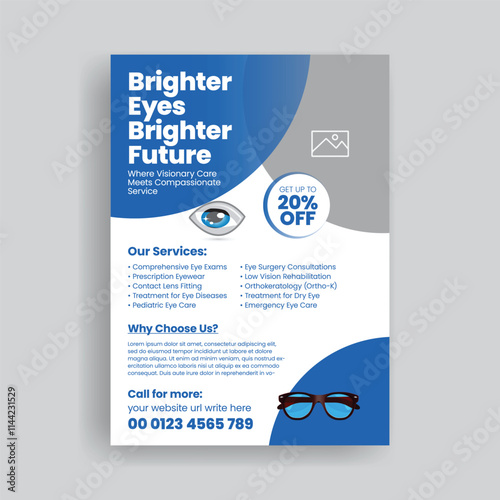 Optometrist or eye care Editable print flyer or poster template suitable for medical healthcare leaflet or brochure cover design