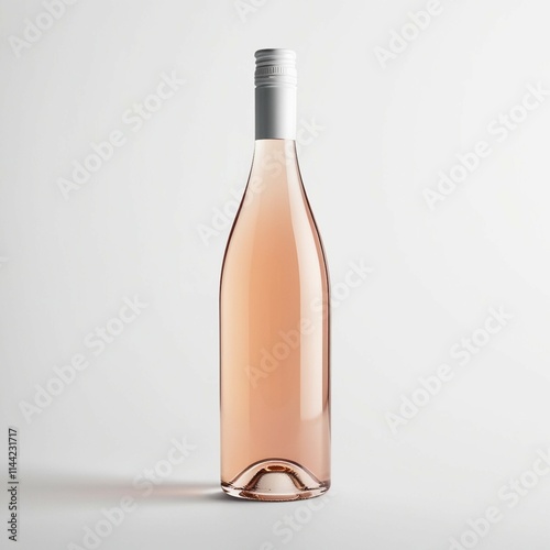 Elegant, tall glass bottle with a white screw cap, filled with a light rosé-colored liquid. The design is minimalistic and modern, isolated on a white background. Ideal for concepts related to beverag photo