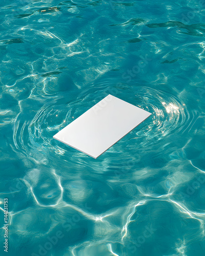 Blank card floating pool summer; turquoise water background; mock-up.