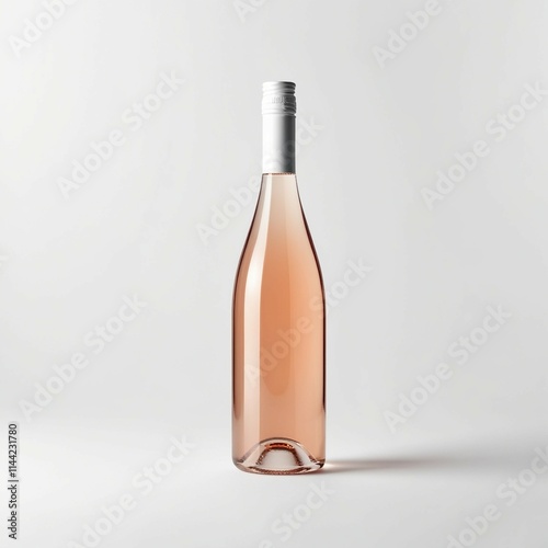 Elegant, tall glass bottle with a white screw cap, filled with a light rosé-colored liquid. The design is minimalistic and modern, isolated on a white background. Ideal for concepts related to beverag photo