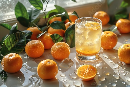 A glass of orange juice with a slice of orange in it