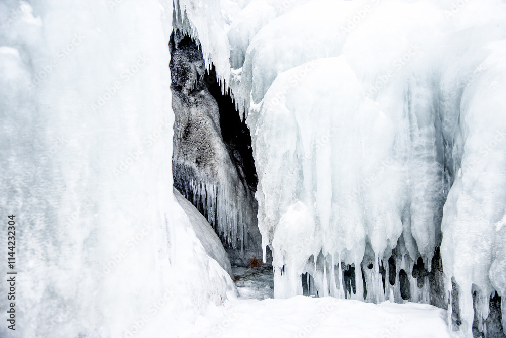 Deep blue ice texture, lake water frozen in winter, icy wallpaper, white snow