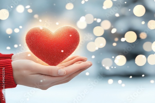 Manos sosteniendo un corazón brillante en un entorno de luces suaves y atmósfera invernal