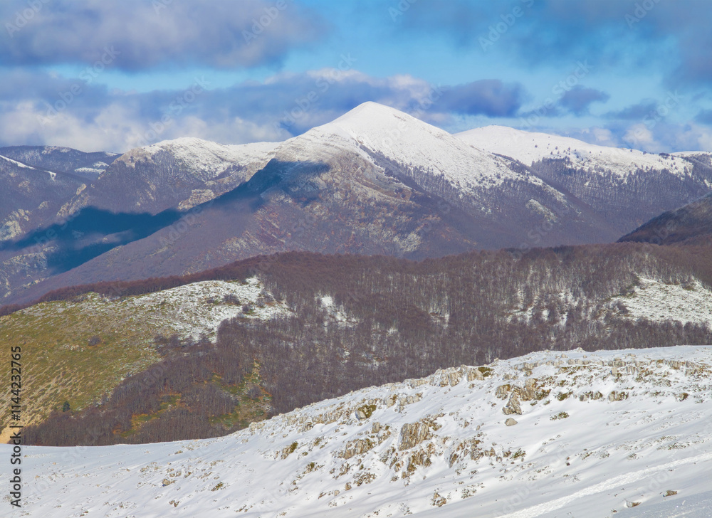 Campocatino and Mount Pozzotello, Italy - The snow capped mountains in the province of Frosinone, Lazio region, in Ernici mounts, famous for ski site station.