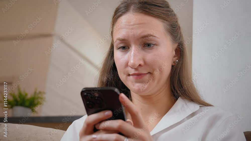 Young businesswoman in white shirt reads on her smartphone, displaying range of emotions such as surprise, disbelief, disappointment, and frustration while engaging with digital content Young businesswoman in white shirt reads on her smartphone, displaying range of emotions such as surprise, disbelief, disappointment, and frustration while engaging with digital content
