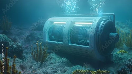 Underwater oxygen unit: An oxygen generator submerged in an artificial coral reef, with streams of oxygen bubbles rising photo