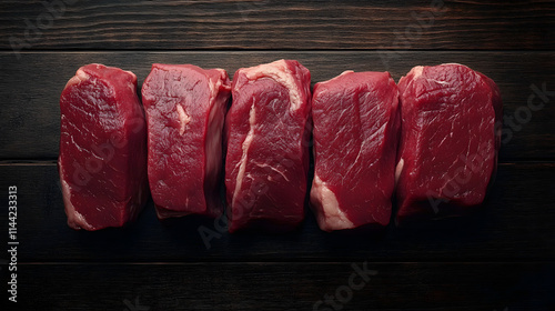 Top view of five raw beef steaks arranged side by side on a dark wooden surface
