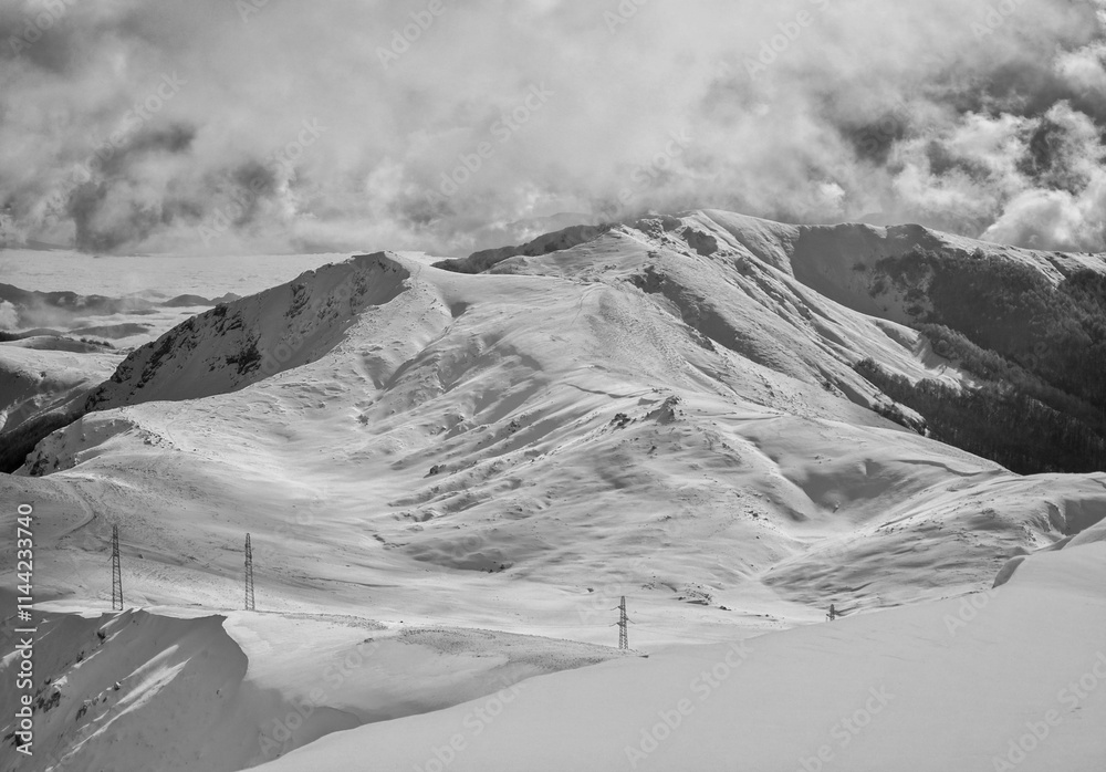 Campocatino and Mount Pozzotello, Italy - The snow capped mountains in the province of Frosinone, Lazio region, in Ernici mounts, famous for ski site station.
