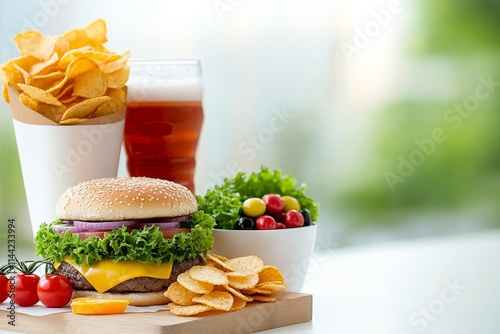 Deliciosa exhibición de comida con hamburguesa, papas fritas y ensalada en un lugar soleado photo