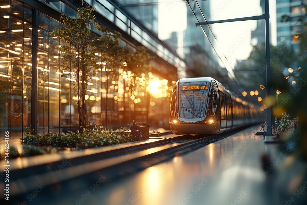 Obraz premium Modern tram approaches a bustling urban station during golden hour in a vibrant cityscape