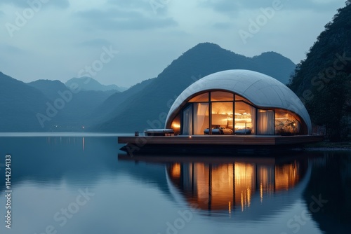 Tranquil lakeside dome residence reflects serene mountains at dusk