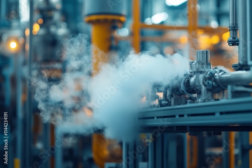 Pipes releasing steam in an industrial setting with bright machinery in the background during working hours