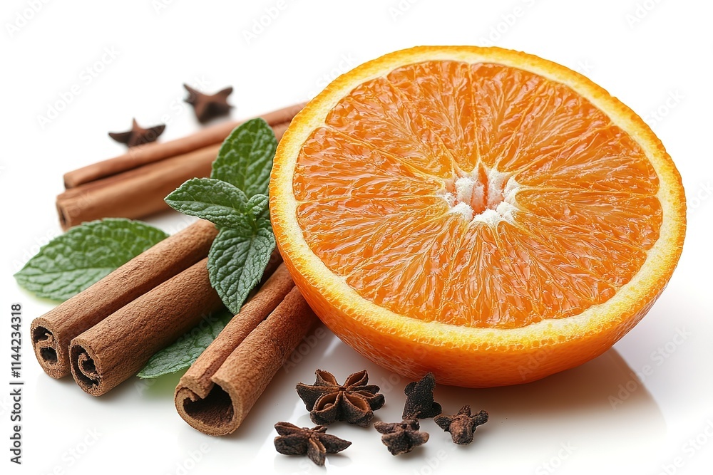 A slice of orange with cinnamon and mint leaves on top A slice of orange with cinnamon and mint leaves on top