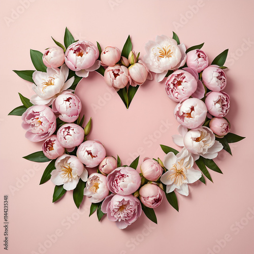 Fototapeta Naklejka Na Ścianę i Meble -  Heart-shaped wreath of delicate pink peonies with leaves on a pink background