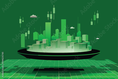 A gleaming futuristic city skyline at night, overlaid with vibrant holographic stock market charts fluctuating dynamically.