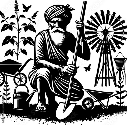  Black Silhouette of Indian Farmer Operating Tractor in Field, Vector Illustration