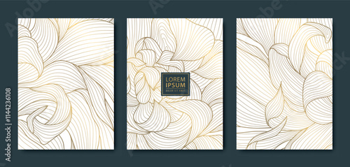 Vector set of floral art deco backgrounds, leaf flower patterns, gold line plant textures, posters, japanese elegant cards
