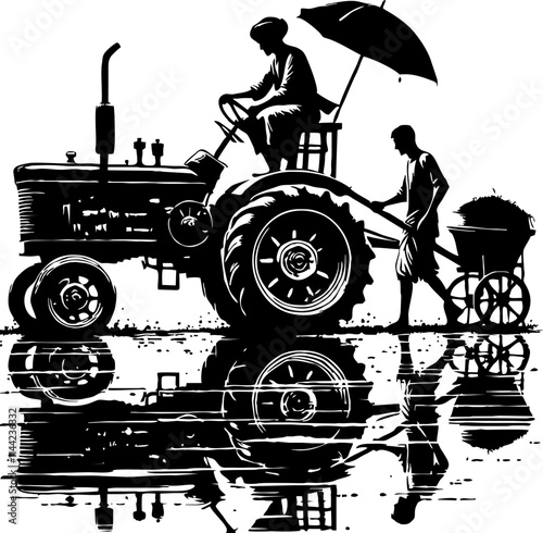  Black Silhouette of Indian Farmer Operating Tractor in Field, Vector Illustration