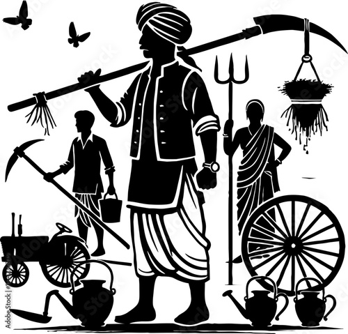  Black Silhouette of Indian Farmer Operating Tractor in Field, Vector Illustration