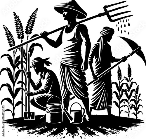  Black Silhouette of Indian Farmer Operating Tractor in Field, Vector Illustration