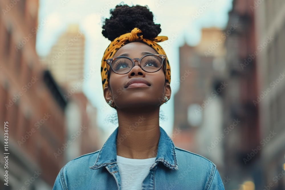 Fototapeta premium Young woman gazes upwards in a city street with buildings in background, wearing denim jacket and stylish headband while enjoying urban atmosphere